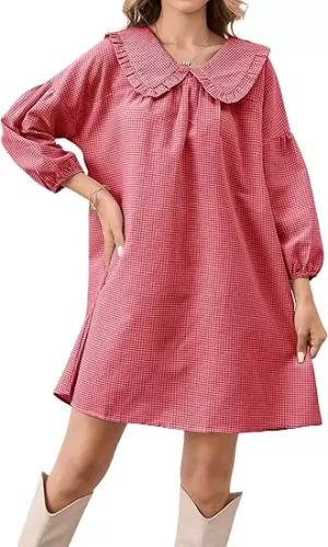Women Puff Sleeve Babydoll Dress Cute Gingham Short Dresses Peter Pan Collar Checkered Shift Dress Plaid Mini Dress
