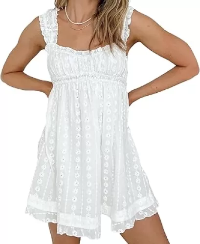 Women Square Neck Mini Dress Summer Sleeveless Floral Embroidery Frill Hem A-line Dress