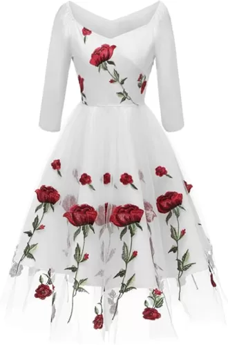 Women Vintage Off Shoulder Rose Embroidered Floral Evening Dress V Neck Short 3/4 Sleeves Wedding Cocktail A Line Midi Gown