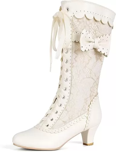 Women Vintage Victorian Boots Lace Bridal Brides Wedding Boots Mid Calf Zipper Costume Renaissance Mid Heel Dress Boots