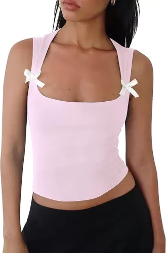 Women Y2k Bow Tank Top Sleeveless Scoop Neck Crop Tops Aesthetic Bow Cami Shirts Preppy Clothes Summer Going Out