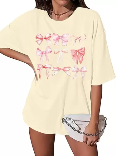 Womens Bow Shirt Coquette Aesthetic Shirt Trendy Pink Girly Tee Watercolor Pastel Bow Oversized Tops