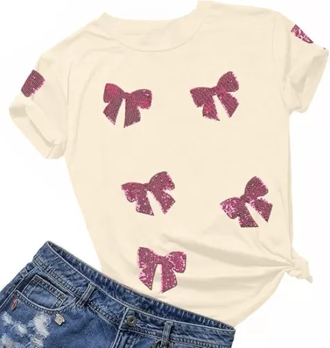Womens Bow Shirt Coquette Aesthetic Shirts Cute Sequin Graphic Tees Trendy Pink Bow Ribbon Short Sleeve Tee Tops