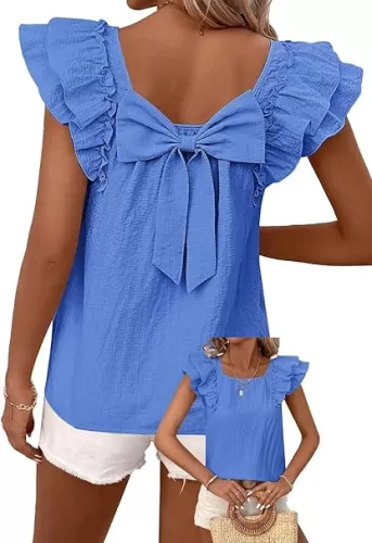 Womens Bow Tie Back Tops Round Neck Ruffle Short Sleeve Shirts Cute Babydoll Chiffon Tee Women Summer Trendy Tunic