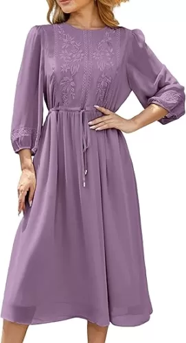 Women's Casual 3/4 Sleeve Fall Floral-Embroidered Long Dress Crew Neck Flowy Swing Dress with Pockets