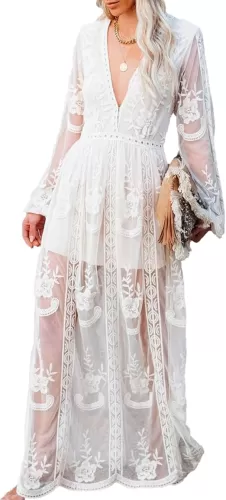 Womens Deep V Neck Short Sleeve Floral Lace Dress Long Bridesmaid Maxi Dresses
