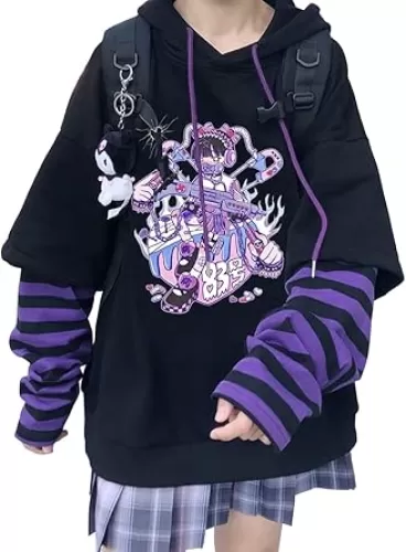 Womens Girls Japanese Style Hoodie Cute Pattern Print Sweatshirt Fashion Kawaii Anime Pullover