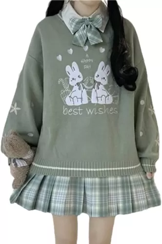 Women's Kawaii Knitted Sweater Long Sleeve School JK Uniform Teen Girl Cute Bunny Oversized Pullover Sweaters