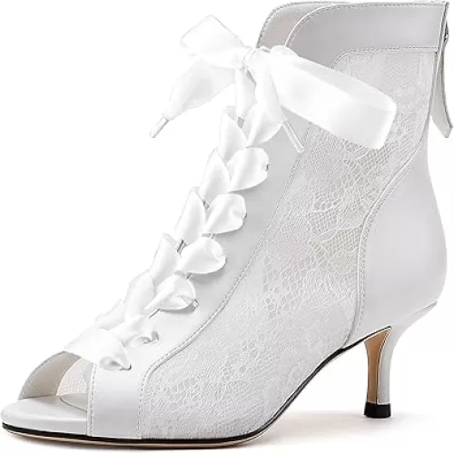 Women's Mesh Lace Booties Lace Up Ankle Boots Wedding Shoes Open Toe Kitten Heels Dressy Birthday Party