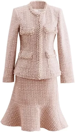 Womens Pink Apricot Tweed Jacket Skirt Set Jacket Business 2 Piece Fishtail Skirt Suit