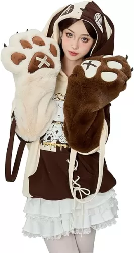 Women's Pullover Hoodie Cute Easter Bunny Sweatshirt with Detachable Furry Paw Gloves Handbag
