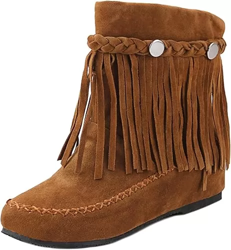 Women's Suede Tassel Cowboys Ankle Boots, Classic Vintage Round Toe Slip On Hidden Wedge Heel Low Heel Western Short Boots Dress Booties