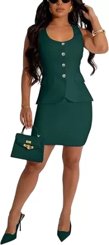Womens Summer 2 Piece Outfits Summer Sleevevless Scoop Neck Blazer Vest Mini Skirt Dress Sets Matching Work Sets