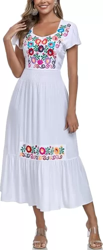 Women's Summer Maxi Dress Casual Floral Embroidered Round Neck Short Sleeve Ruffle Tiered Dress Flowy Boho Beach Sundress