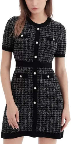 Women's Sweater Dress Knit Tweed Dress Short Sleeve Pearl Button Mini Dresses Trendy for Fall Spring Summer