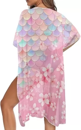 Women's Swimwear Cover Ups Short Sleeve Chiffon Kimono Beach Cover Up Cardigan Fashion Floral Tops