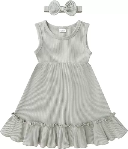 YOUNGER TREE Toddler Girl Summer Sundress Sleeveless Casual Dress Ruffle Hem Cotton Solid Outfits with Bowknot