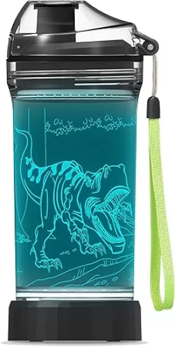 YuanDian Dinosaur 3D Glowing Water Bottle, Light Up Boy Drinking Cups with 3D Roar T REX Dinosaur Night Light- 14 OZ Tritan BPA Free - Cool Jurassic Merchandise Gift for School Kids Boy Girl