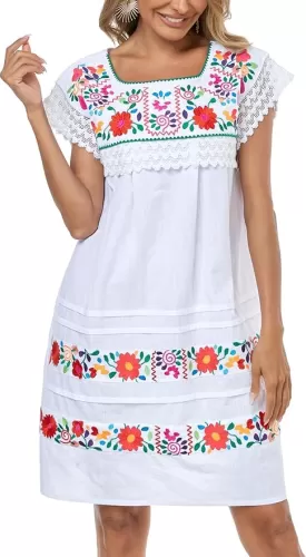 YZXDORWJ Women Embroidered Mexican Peasent Lace Short Sleeves Dress