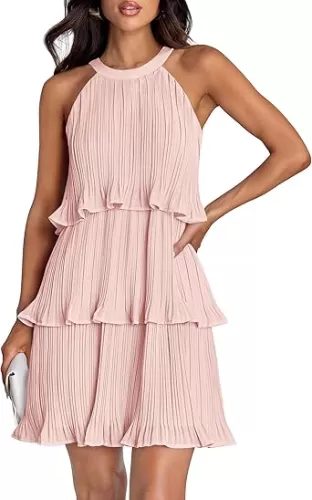 ZESICA Women's 2025 Summer Halter Dresses Sleeveless Ruffle Tiered Layered Chiffon Pleated A Line Swing Mini Dress