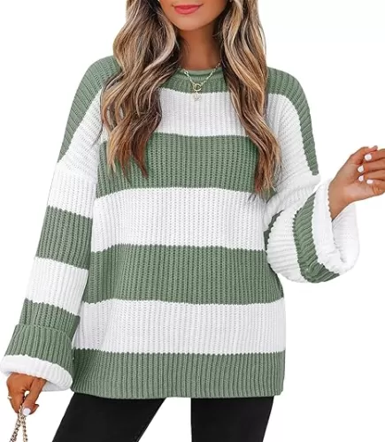 ZESICA Women's Fall Long Sleeve Crew Neck Striped Color Block Comfy Loose Oversized Knitted Pullover Sweater