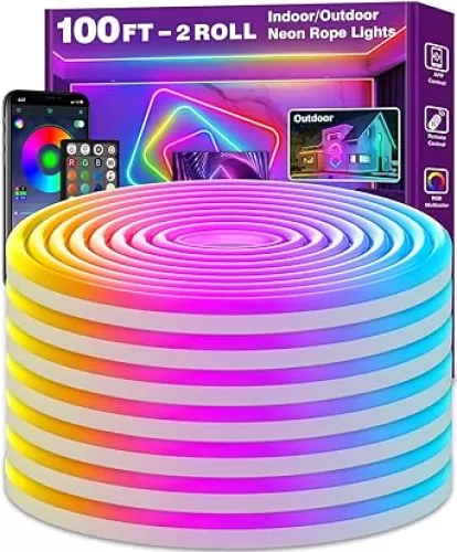 100Ft Neon Rope Lights, Flexible Led Rope Lights Control with App/Remote, Multiple Modes Rope Lights, IP65 Outdoor RGB Led Neon Lights Waterproof, Music Sync Gaming Led Neon Light Strip for Bedroom Decor
