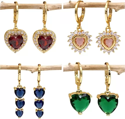 18K Gold Plated, 4 Pairs Drop Dangle Earrings Set for Women, Flower/Heart/Animal/Pearl Drop earrings, Hypoallergenic Cubic Zirconia Earrings, Lightweight, Party earrings, gold earrings, Jewelry for Gifts, Fashion