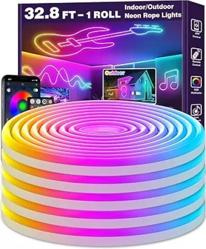32.8Ft Neon Rope Lights, Flexible Led Rope Lights Control with App/Remote, Multiple Modes Rope Lights, IP65 Outdoor RGB Led Neon Lights Waterproof, Music Sync Gaming Led Neon Light Strip for Bedroom Decor