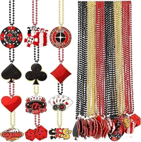 36 Pcs Casino Night Beaded Necklaces Bulk 12 Styles Casino Dice Dollar Sign Necklaces Gold Red Black Beaded for Birthday Party Favors Supplies