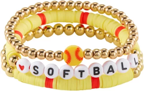 3Pcs Dainty Football Soccer Baseball Basketball Rugby Volleyball Polymer Clay Beaded Charm Bracelets Handmade Gold Beaded Sports Ball Stretch Bracelet for Women Men Sports Team Jewelry Gift