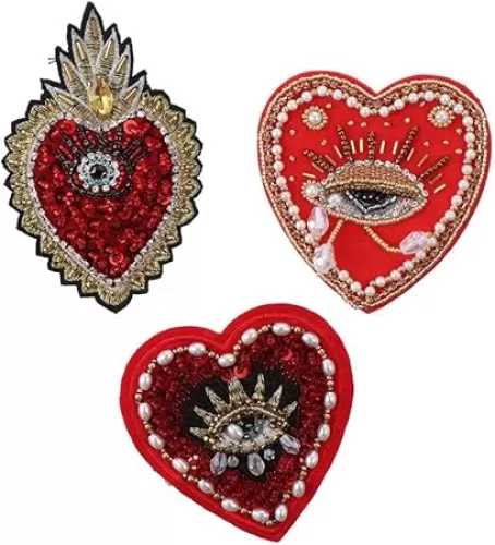 3PCS Evil Love Heart Eyes Sequin Patches Iron on 3 Style Glitter Rhinestone Heart Beaded Sew on Applique Patches for DIY Craft Clothing Jeans Jackets Handbag DIY Decorations
