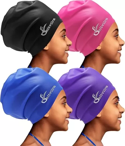 4 Pack Kids Extra Large Swim Cap for Long Thick Curly Hair, Waterproof Silicone Swimming Hat Hair Turban Protection Cover for Girls Aged 4 to 16 Boys Braids Dreadlocks Weaves Extensions Afros