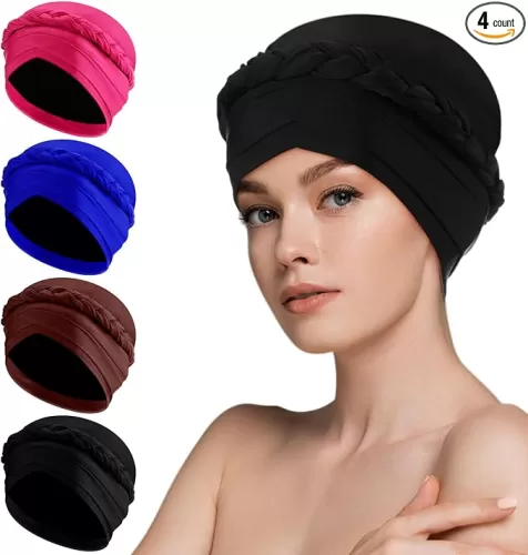 4 Pcs Swim Caps for Women Double Layer Elastic Turban Knot Swimming Hat Non-Slip for Swimming Pool Long and Short Hair