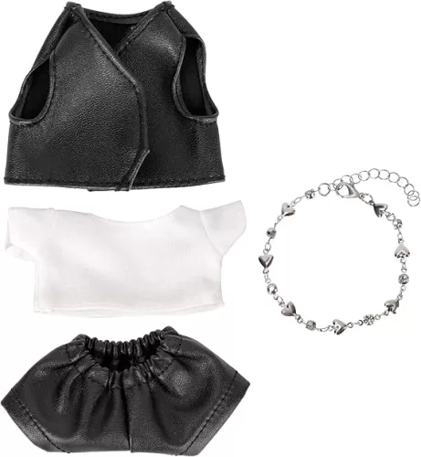 4pcs Doll Outfit Set, Cool Black Leather Jacket & Pants White T-Shirt with Silver Heart Necklace Stylish 17 cm Designer Clothes 17cm Plush Doll Clothes & Accessories