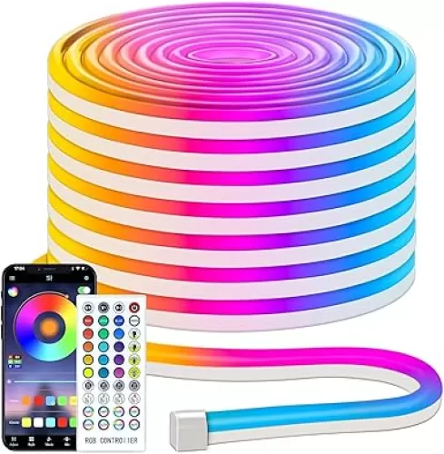 50ft LED Neon Rope Lights, Music Sync with Remote APP Control RGB Neon LED Strip Lights with Multiple Modes IP68 Waterproof Flexible for Gaming Bedroom Room Outdoor Indoor Decor