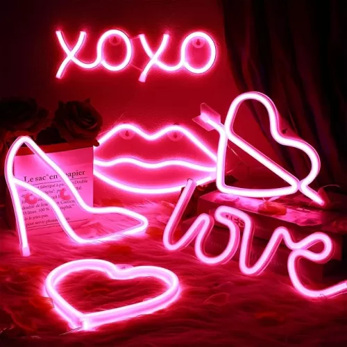 6 Pcs Valentine‘s Day Pink Neon Sign Neon Light LED Sign USB or Battery Operated Heart Neon Sign Wall Decor Lamp for Party Girl's Room Dorm Bedroom Wedding Bar Anniversary Decorations