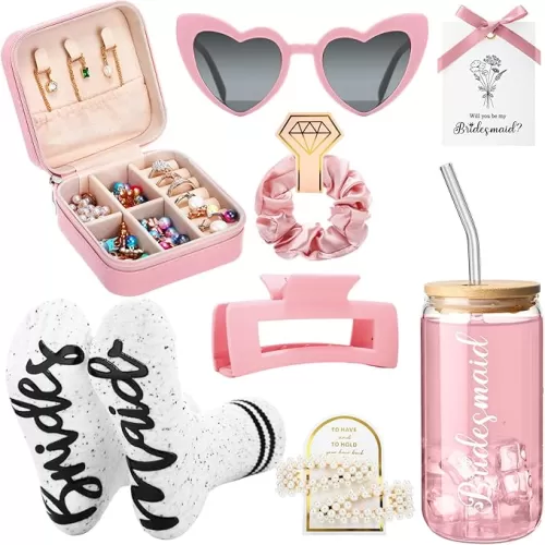8 Pcs Bridesmaid Gift Set Bridesmaid Proposal Gift for Hair Claws Heart Glasses Socks Clips Greeting Cards Hair Scrunchies Glass Cups Jewelry Box Wedding Favor(Pink)
