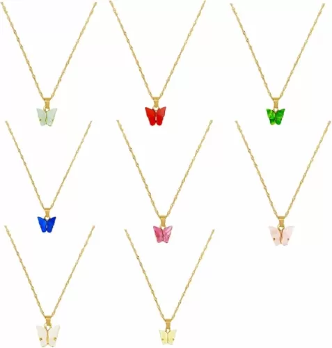 8PCS Butterfly Pendant Necklace Set for Women, Cute Colorful Acrylic Butterfly Choker & Layered Chain Jewelry, Trendy Gift for Her, Birthday Valentine’s Day Gift (Lightweight, Hypoallergenic)