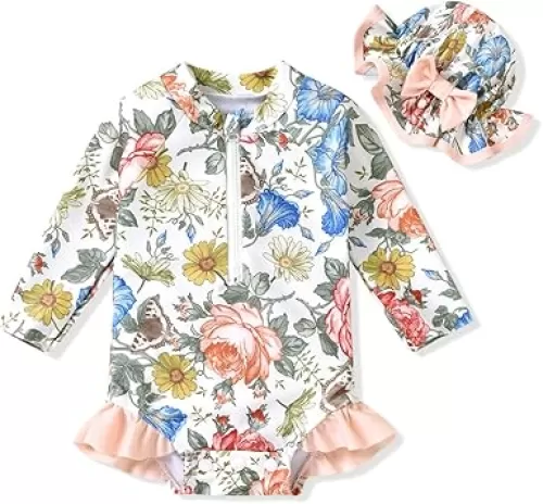 Aalizzwell Baby Girls Long Sleeve One Piece Swimsuit with Hat