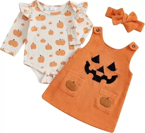 Adobabirl My First Halloween Baby Girl Outfit Pumpkin Ruffle Long Sleeve Romper Overall Dress Headband Cute Fall Clothes