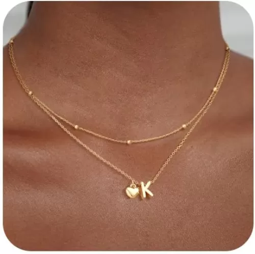 adoyi Gold Necklace for Women Layered Bubble Heart Letter Initial Necklaces for Women Trendy Jewelry 14K Gold Plated Chain Chunky Name Necklace Stack Charm A-Z Pendant Set Jewelry Gifts