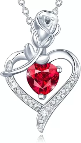 AGVANA Rosy Reverie Birthstone Necklace for Women Sterling Silver Genuine or Created Gemstone Rose Flower Heart Pendant Necklace Anniversary Birthday Gifts for Women Mom Wife Her