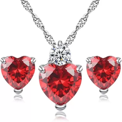 AILUOR White Gold Plated Simulated Ruby Crystal Heart Necklace and Stud Earrings Set - Queen of Hearts Pendant Jewelry Set Silver Chain January Birthstone Evie Red Heart Jewelry Gifts for Women