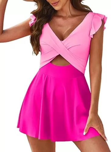 Aleumdr Women's One Piece Swimsuit Ruffle Cutout Swimdress Tummy Control V Neck Wrap Swimwear