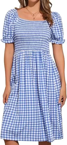 Allegra K Gingham Dress for Women Smocked Square Neck Puff Short Sleeve Side Slit Knee Length Summer Casual Plaid Dresses