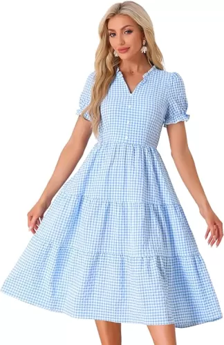 Allegra K Gingham Dress for Women's 2024 Summer Ruffle Trim V Neck Button Decor Flowy Midi Dresses