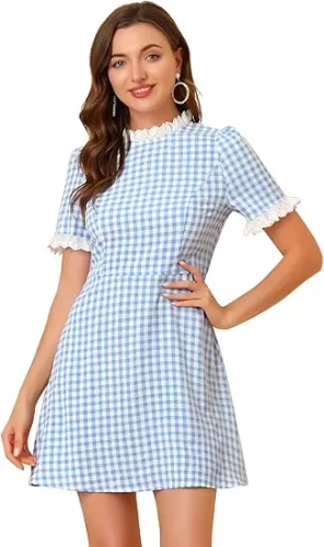 Allegra K Women's Halloween Dorothy Dress Costume Summer Ruffle Neck Lace Panel Short Sleeve Check Gingham Dress