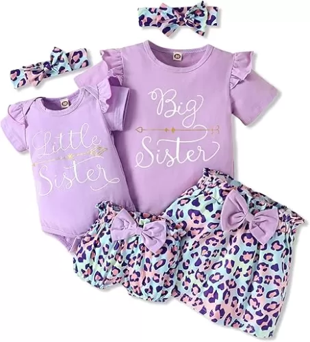 AMAWMW Big Sister Little Sister Matching Outfits Romper/Shirt+Shorts/Skirt+Headband Toddler Baby Girl Summer Clothes