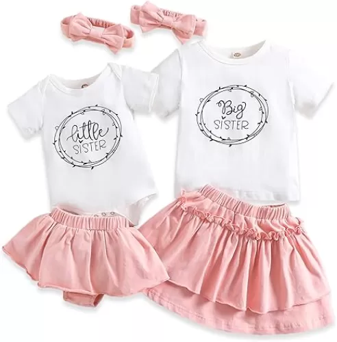 AMAWMW Big Sister Little Sister Matching Outfits Toddler Baby Girl Summer Clothes Short Sleeve Romper Ruffle Skirt 3PC Set