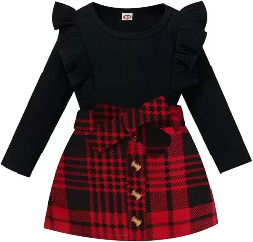 AMAWMW Toddler Baby Girl Fall Winter Clothes Long Sleeve Ruffle Shirt Corduroy Mini Skirt Infant Girl A-line Dress